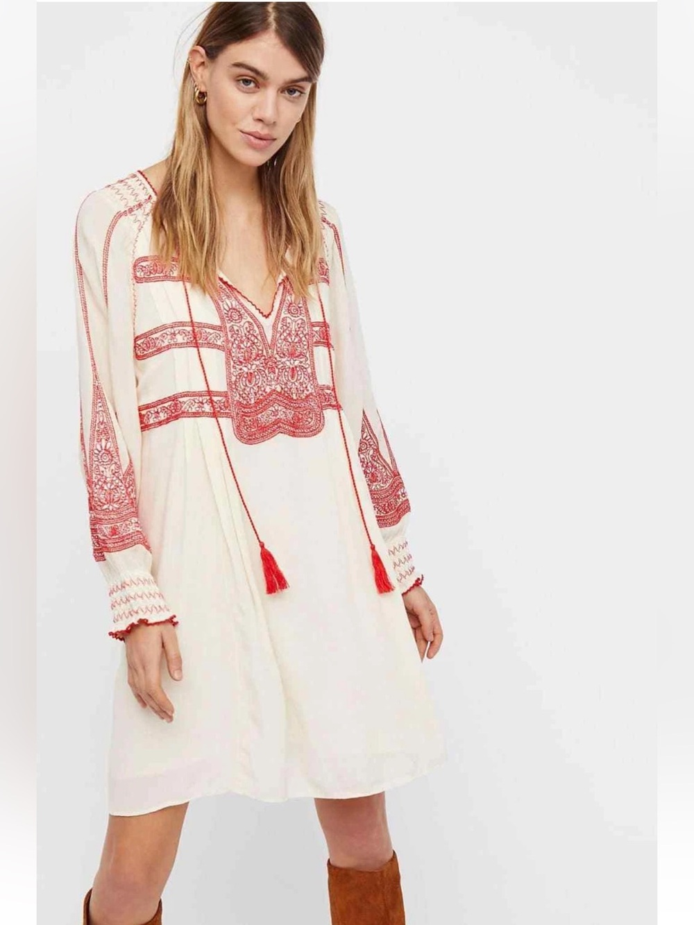 Free People Cream Peasant Top with Red Trim - Picture 2 of 13